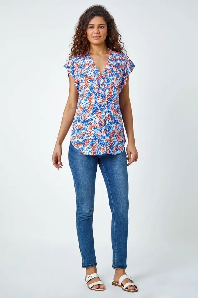 Women Blue Ditsy Spot Button Through Frill VNeck Blouse Roman Tops