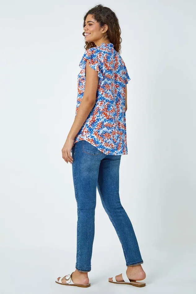 Women Blue Ditsy Spot Button Through Frill VNeck Blouse Roman Tops