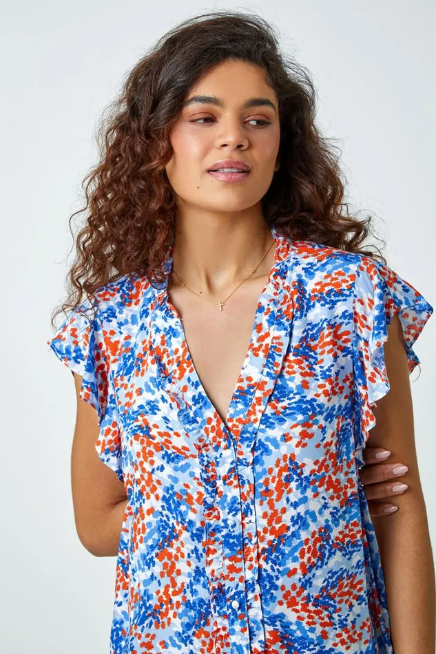 Women Blue Ditsy Spot Button Through Frill VNeck Blouse Roman Tops