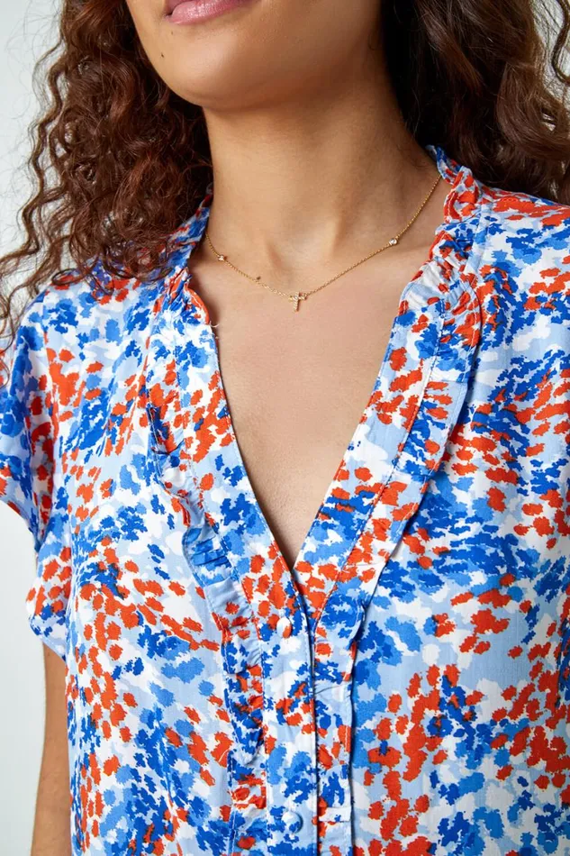 Women Blue Ditsy Spot Button Through Frill VNeck Blouse Roman Tops