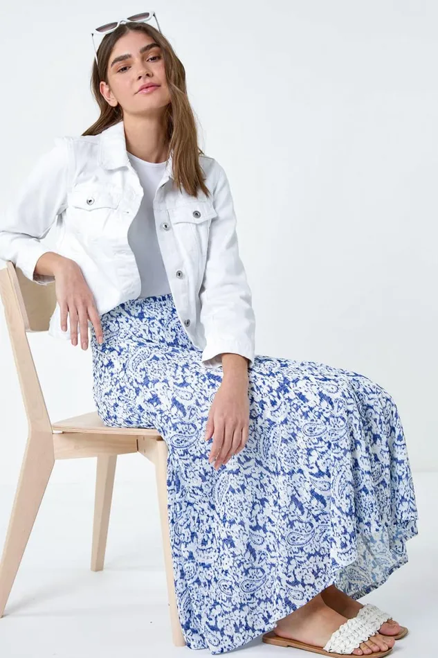 Women Blue Elastic Waist Paisley A Line Midi Skirt Roman Skirts