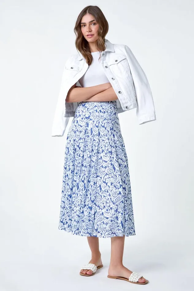 Women Blue Elastic Waist Paisley A Line Midi Skirt Roman Skirts