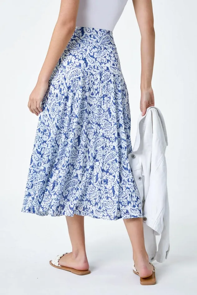 Women Blue Elastic Waist Paisley A Line Midi Skirt Roman Skirts