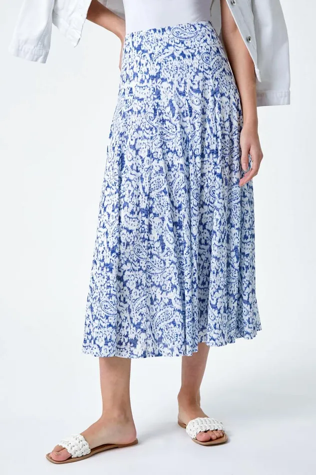 Women Blue Elastic Waist Paisley A Line Midi Skirt Roman Skirts