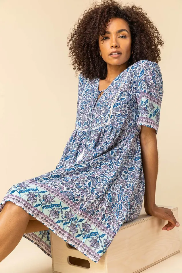 Women Blue Floral Border Print Tea Dress Roman Dresses