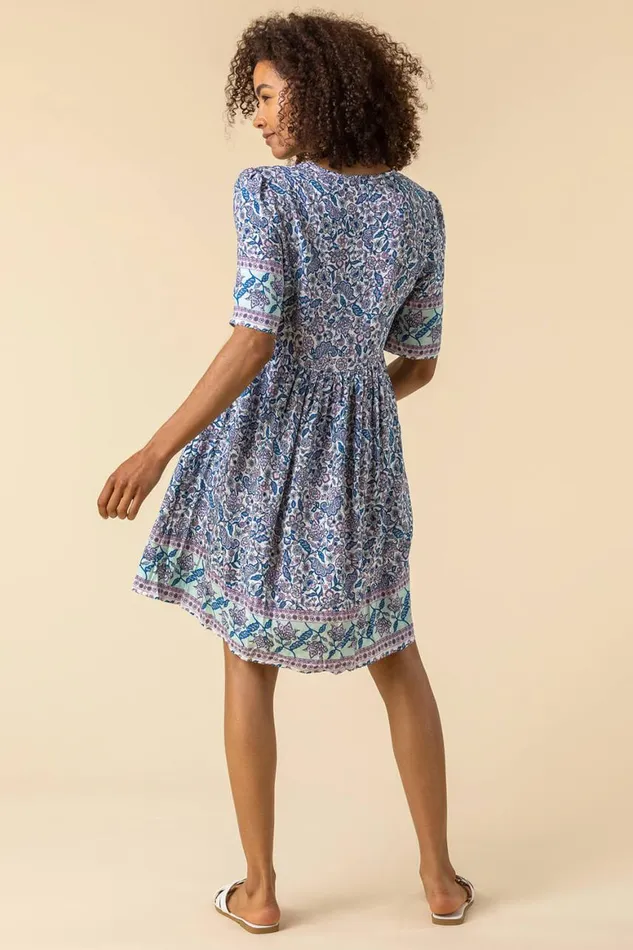 Women Blue Floral Border Print Tea Dress Roman Dresses