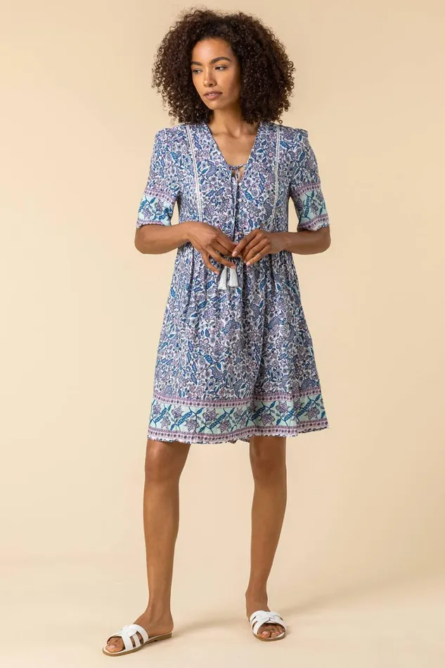 Women Blue Floral Border Print Tea Dress Roman Dresses