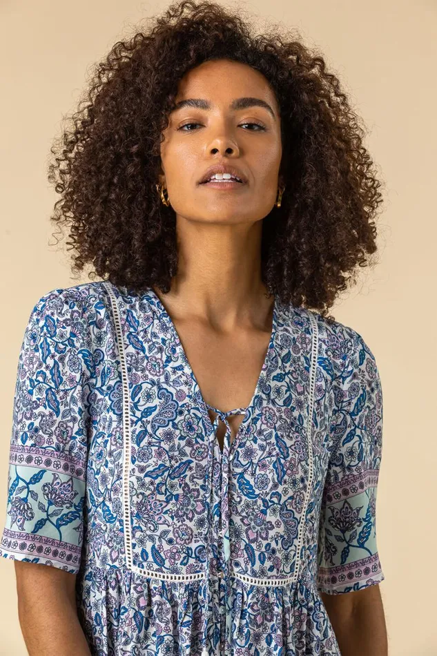 Women Blue Floral Border Print Tea Dress Roman Dresses