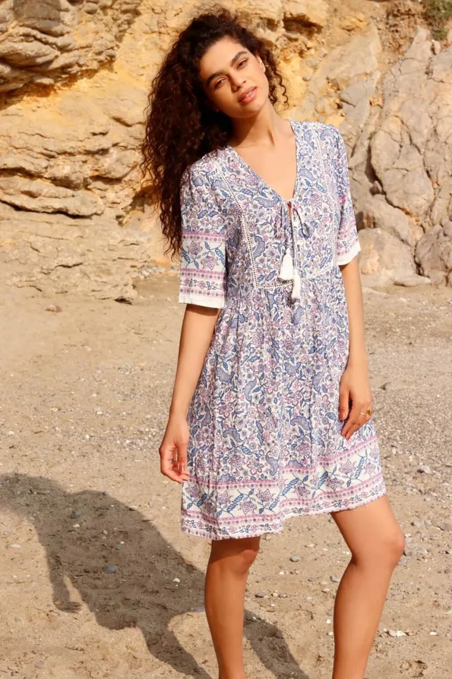 Women Blue Floral Border Print Tea Dress Roman Dresses