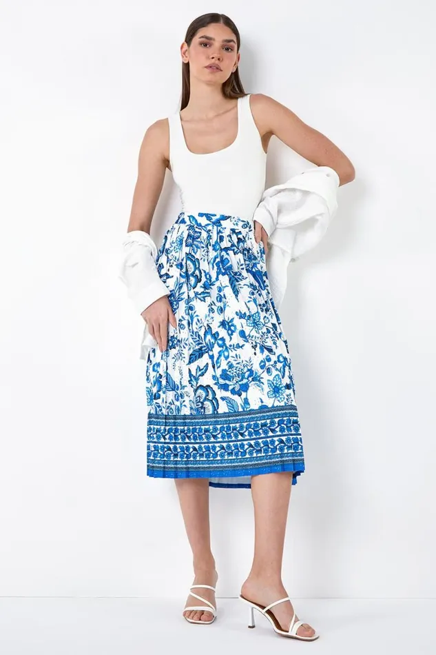 Women Blue Floral Broderie Stretch Pleated Midi Skirt Roman Skirts