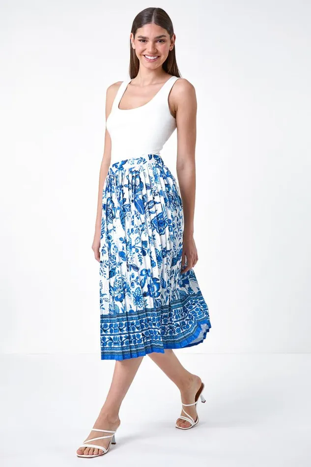 Women Blue Floral Broderie Stretch Pleated Midi Skirt Roman Skirts