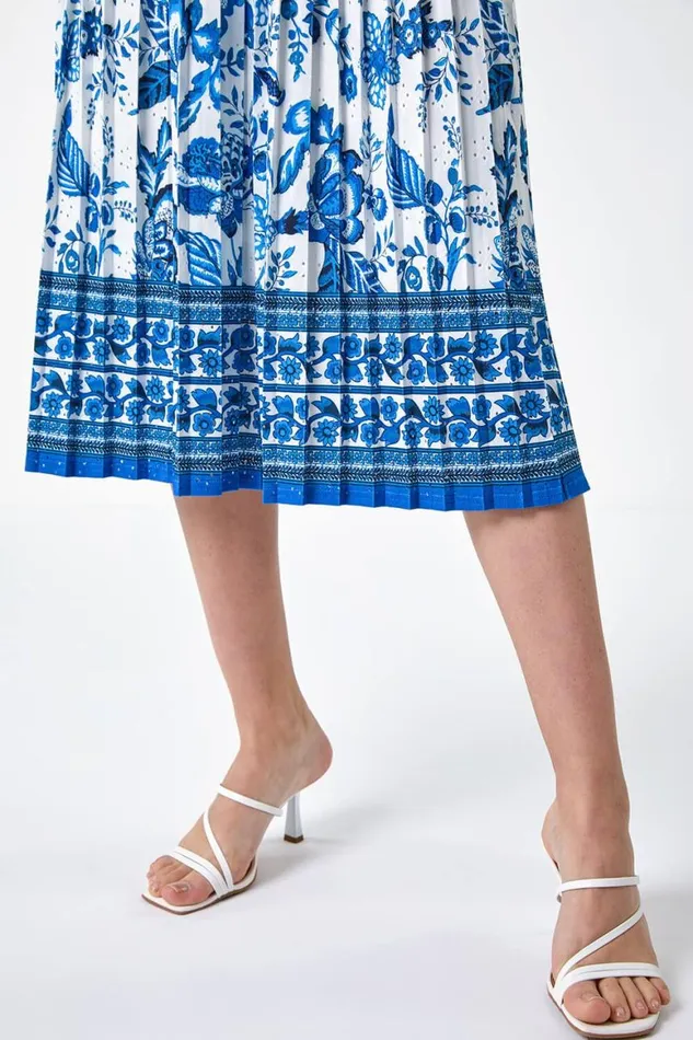 Women Blue Floral Broderie Stretch Pleated Midi Skirt Roman Skirts