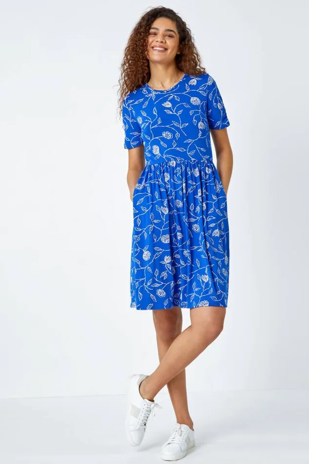 Women Blue Floral Pocket Stretch TShirt Dress Roman Dresses
