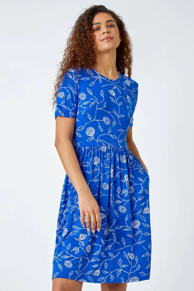 Women Blue Floral Pocket Stretch TShirt Dress Roman Dresses