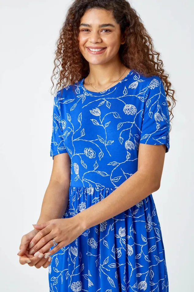 Women Blue Floral Pocket Stretch TShirt Dress Roman Dresses