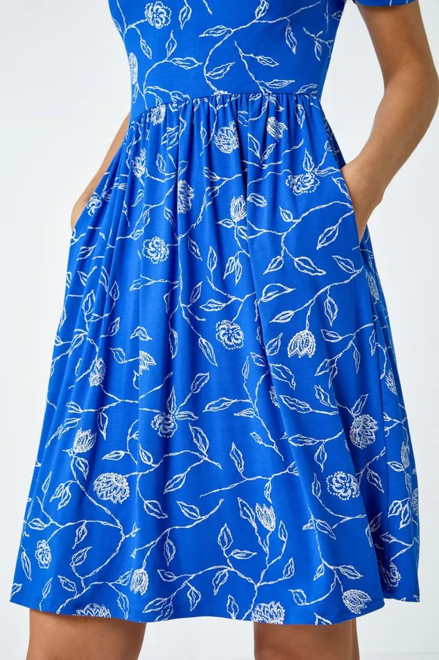 Women Blue Floral Pocket Stretch TShirt Dress Roman Dresses