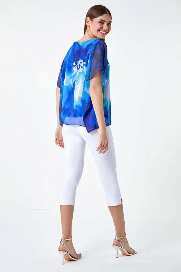 Women Blue Floral Print Chiffon Overlay Top Roman Tops
