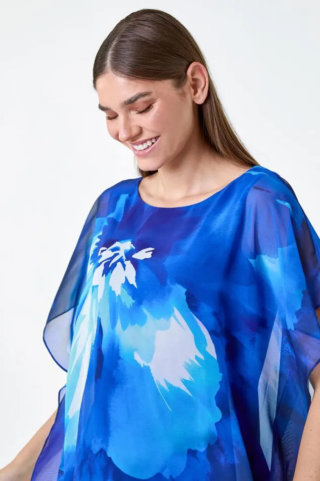 Women Blue Floral Print Chiffon Overlay Top Roman Tops