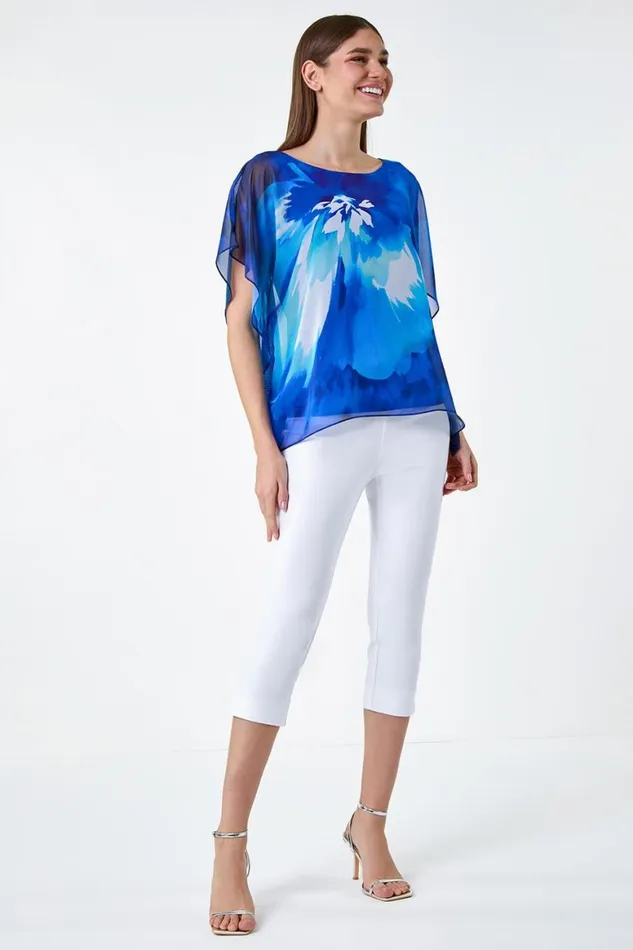 Women Blue Floral Print Chiffon Overlay Top Roman Tops