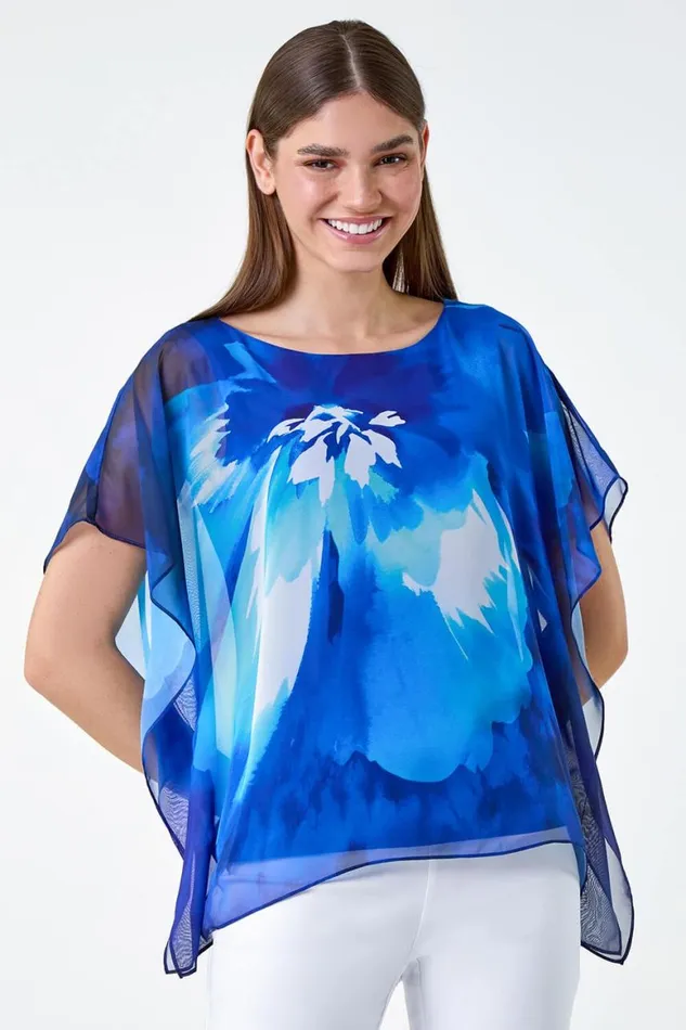 Women Blue Floral Print Chiffon Overlay Top Roman Tops
