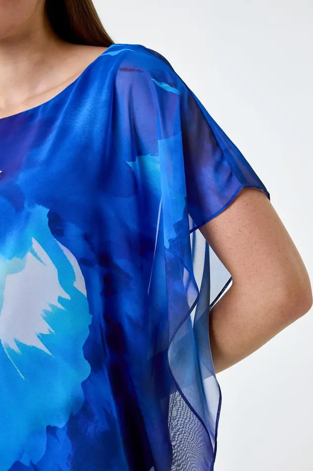 Women Blue Floral Print Chiffon Overlay Top Roman Tops