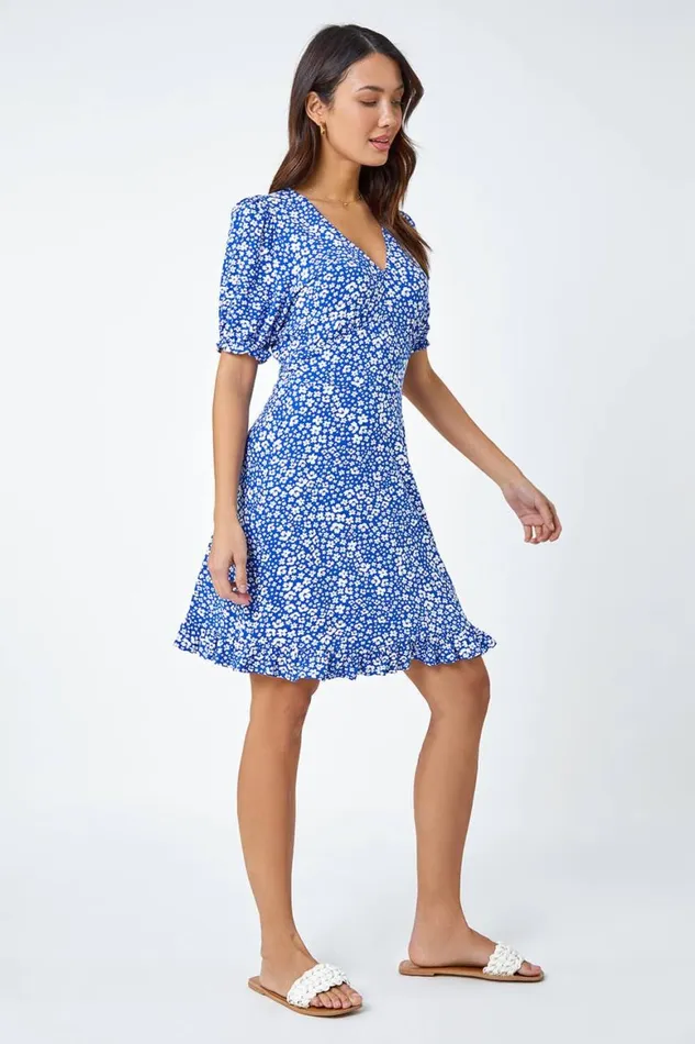 Women Blue Floral Print Frill Hem Tea Dress Roman Dresses