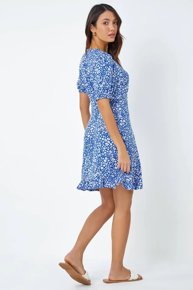 Women Blue Floral Print Frill Hem Tea Dress Roman Dresses