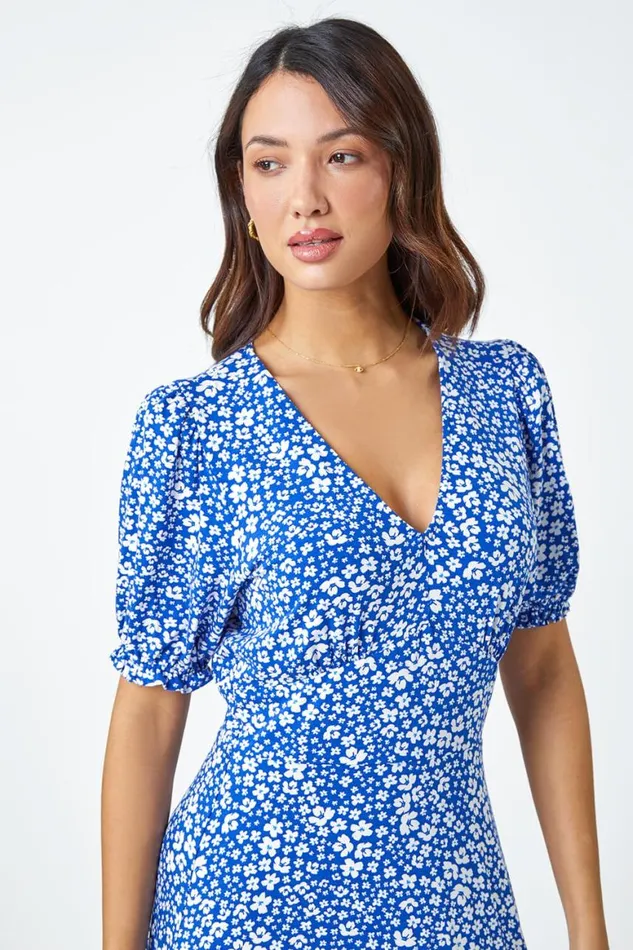 Women Blue Floral Print Frill Hem Tea Dress Roman Dresses