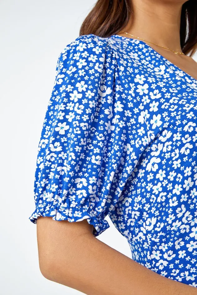 Women Blue Floral Print Frill Hem Tea Dress Roman Dresses