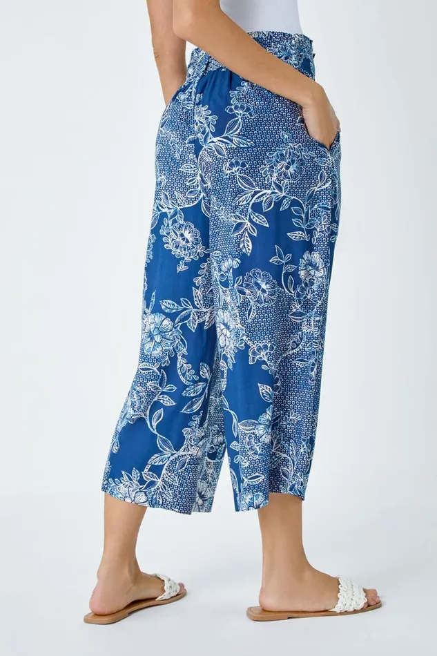 Women Blue Floral Print Tie Cropped Trousers Roman Trousers