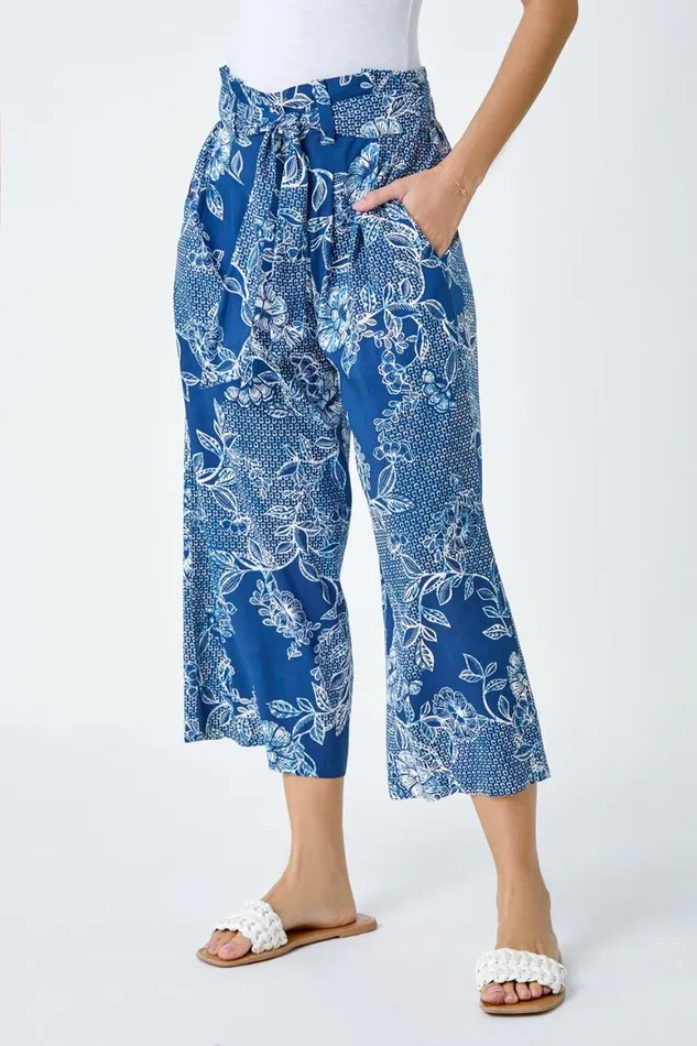 Women Blue Floral Print Tie Cropped Trousers Roman Trousers