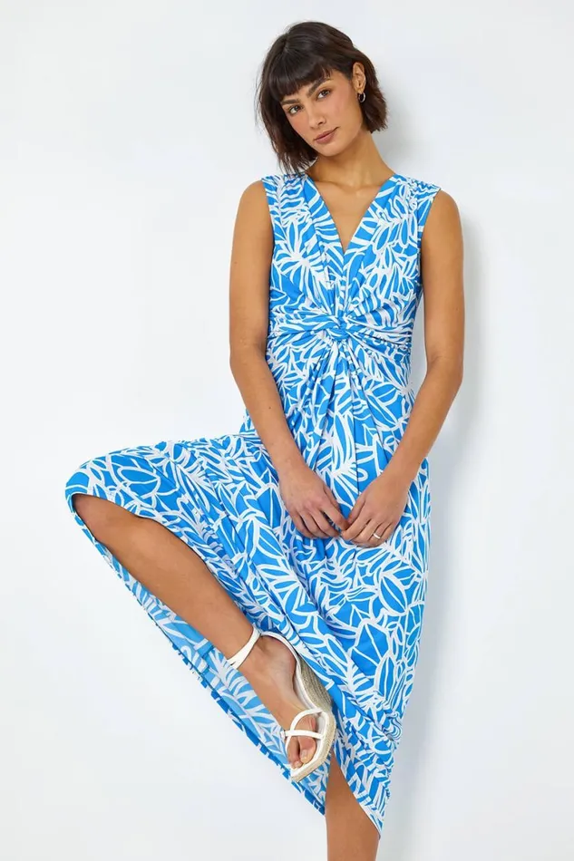 Women Blue Floral Print Twist Front Maxi Dress Roman Dresses
