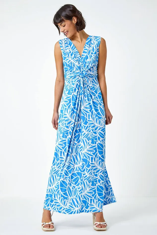 Women Blue Floral Print Twist Front Maxi Dress Roman Dresses