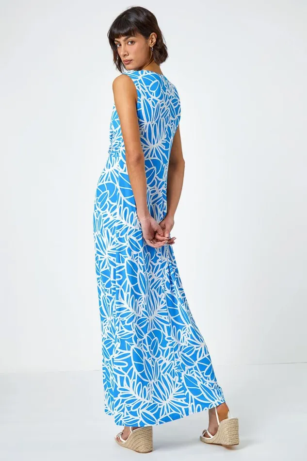 Women Blue Floral Print Twist Front Maxi Dress Roman Dresses
