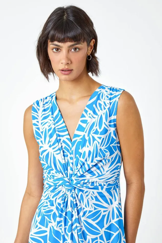 Women Blue Floral Print Twist Front Maxi Dress Roman Dresses