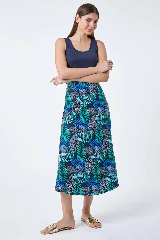 Women Blue Leaf Print Linen Blend ALine Skirt Roman Skirts