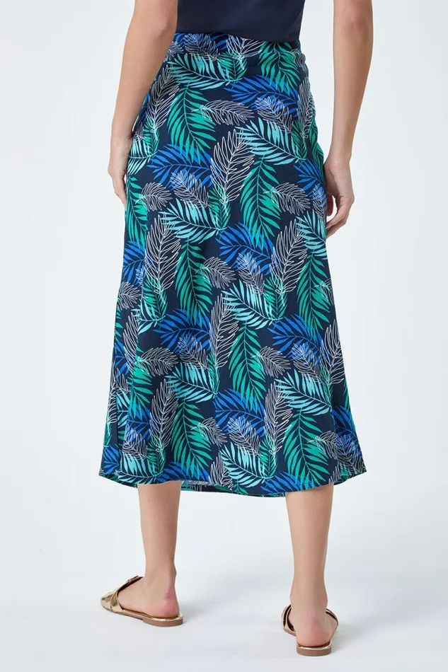 Women Blue Leaf Print Linen Blend ALine Skirt Roman Skirts