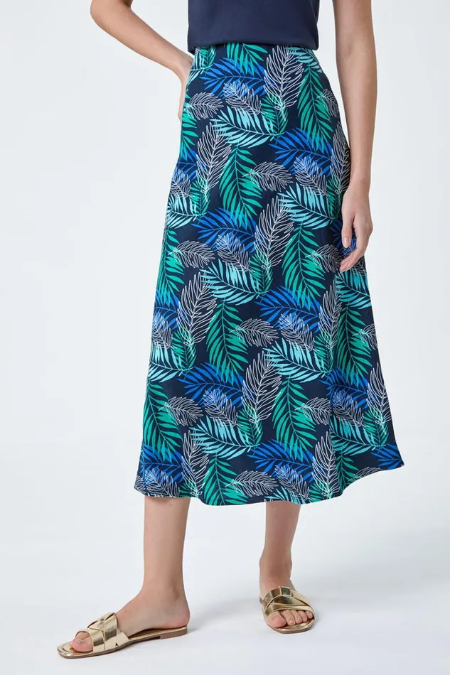 Women Blue Leaf Print Linen Blend ALine Skirt Roman Skirts