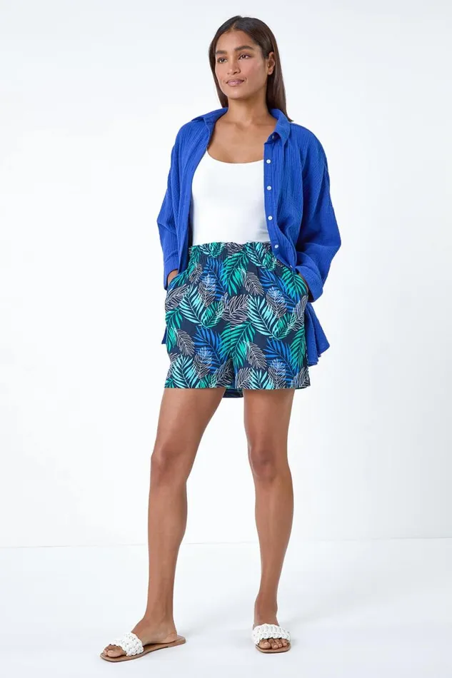 Women Blue Leaf Print Linen Blend Pocket Shorts Roman Shorts