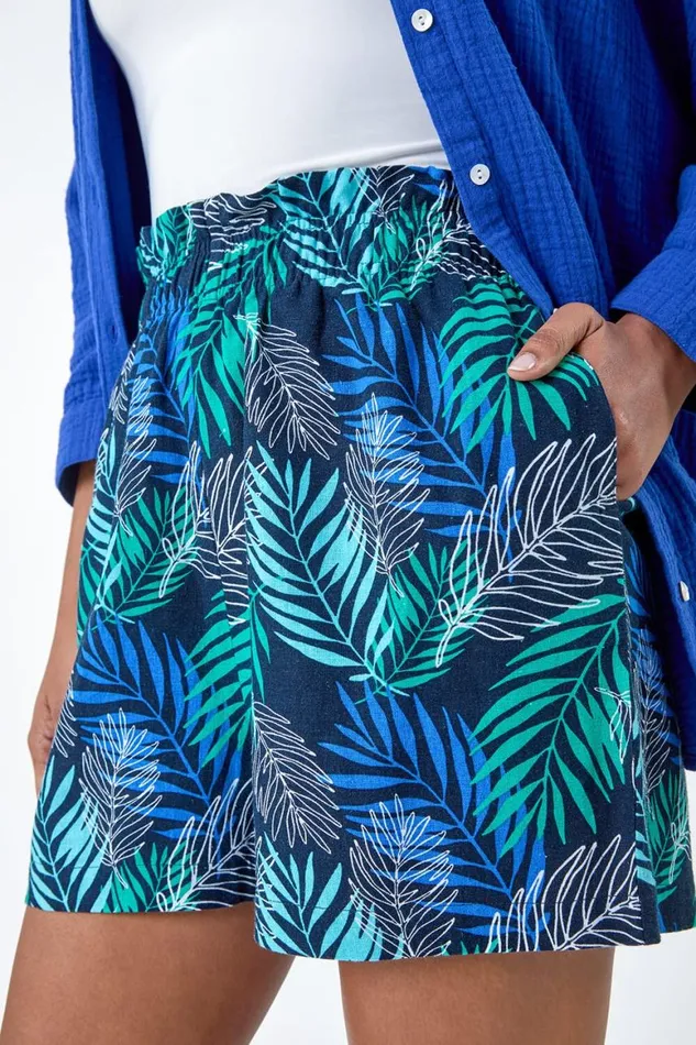 Women Blue Leaf Print Linen Blend Pocket Shorts Roman Shorts