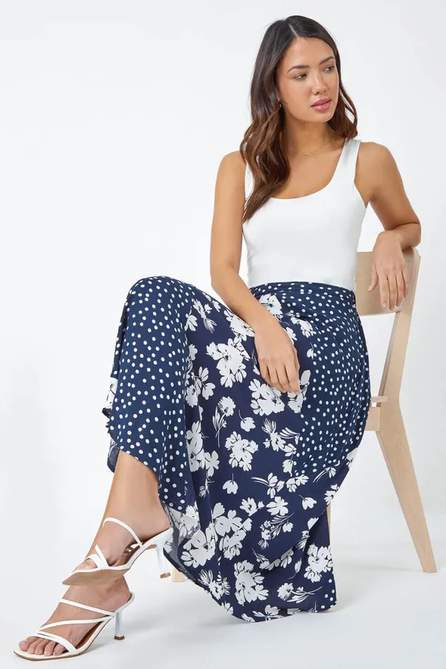 Women Blue Mixed Floral Spot Print A Line Midi Skirt Roman Skirts