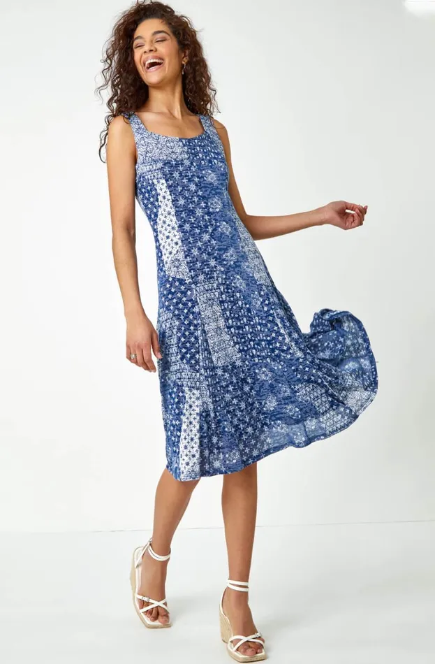 Women Blue Patchwork Print Fit And Flare Dress Roman Dresses
