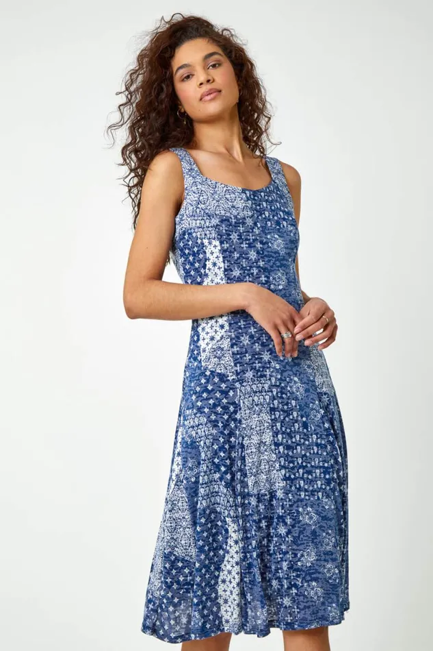 Women Blue Patchwork Print Fit And Flare Dress Roman Dresses