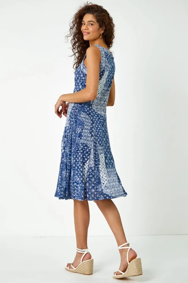Women Blue Patchwork Print Fit And Flare Dress Roman Dresses