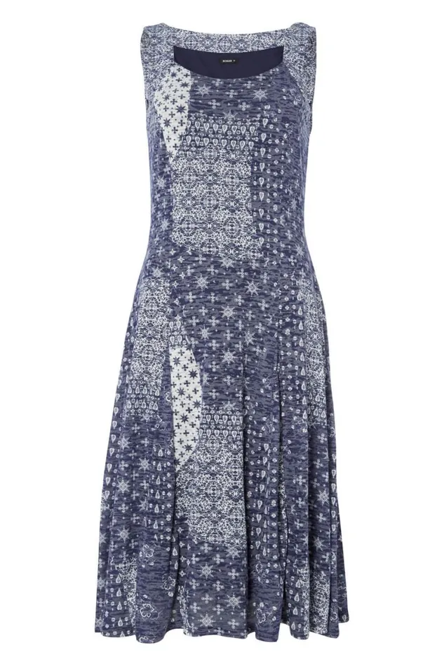 Women Blue Patchwork Print Fit And Flare Dress Roman Dresses