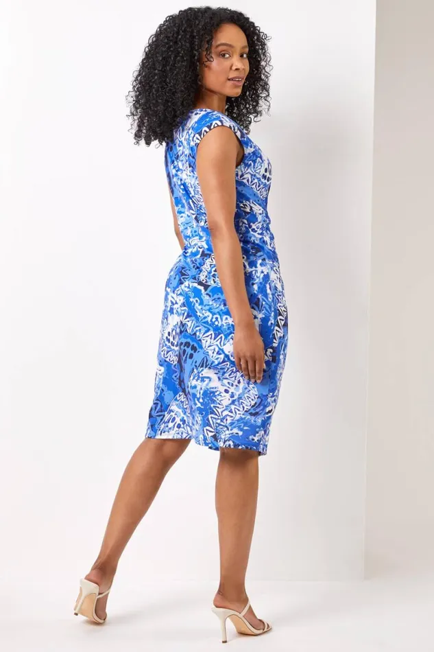 Women Blue Petite Abstract Knot Detail Ruched Dress Roman Dresses