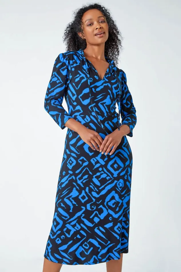 Women Blue Petite Abstract Print Midi Stretch Dress Roman Dresses
