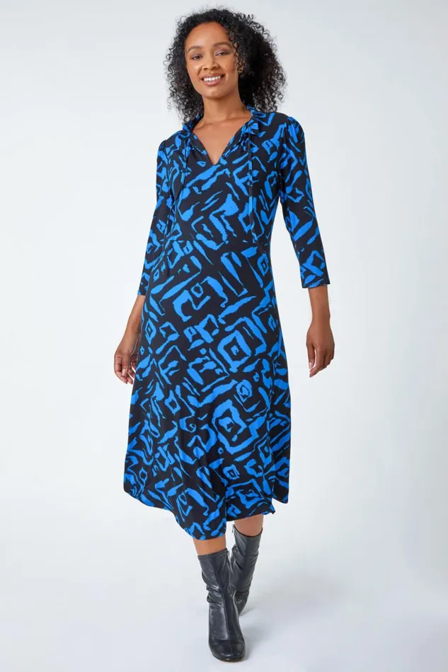 Women Blue Petite Abstract Print Midi Stretch Dress Roman Dresses