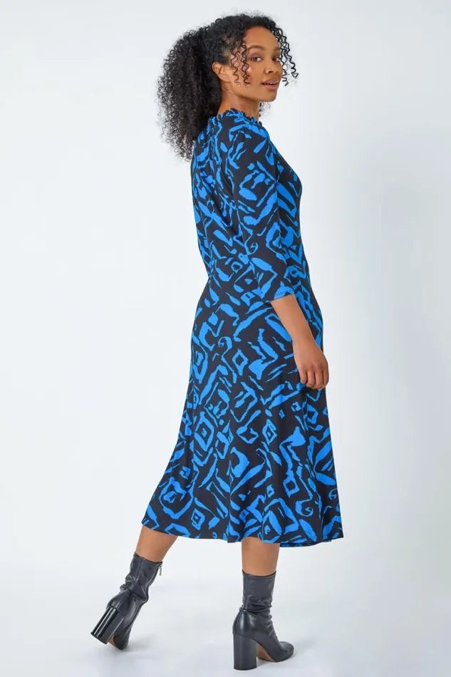 Women Blue Petite Abstract Print Midi Stretch Dress Roman Dresses