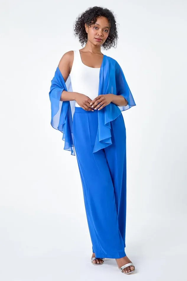 Women Blue Petite Chiffon Drape Cover Up Roman Tops